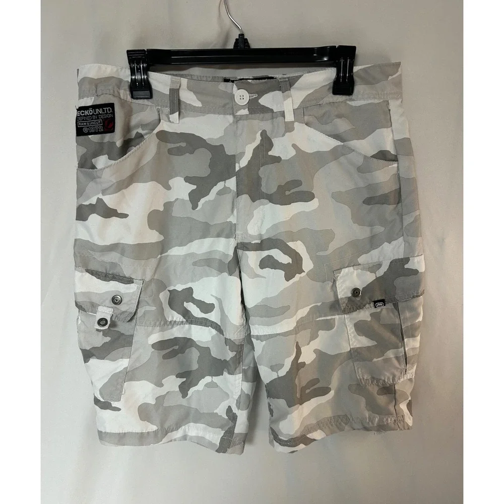 Ecko Unltd Mens Grey White Camo Cargo Shorts Size 32 Streetwear Casual Utility